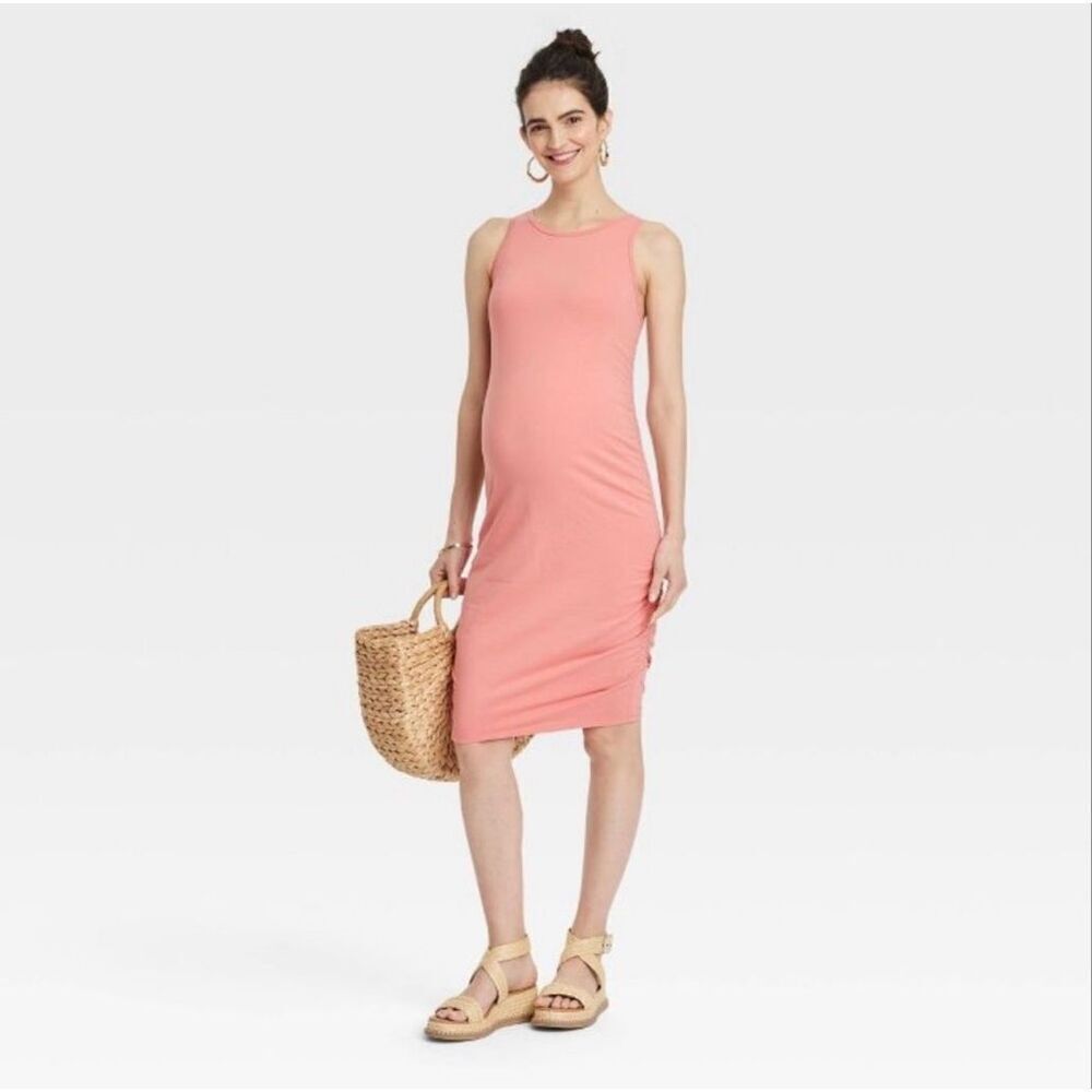 🌸 Ingrid & Isabel Maternity Coral Pink Orange Sleeveless Dress Size XS